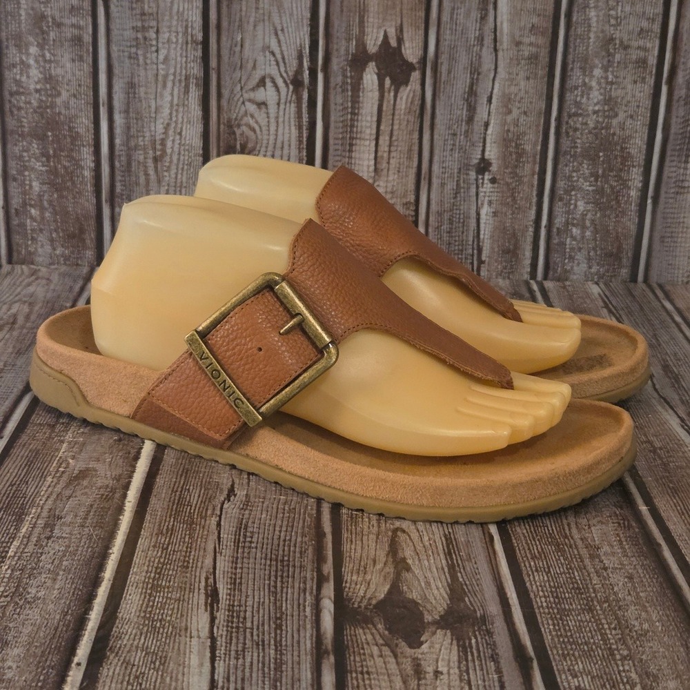 Sz 10 Wide Women Vionic Emma Tan Leather Buckle Orthotic Thong Sandals VGUC